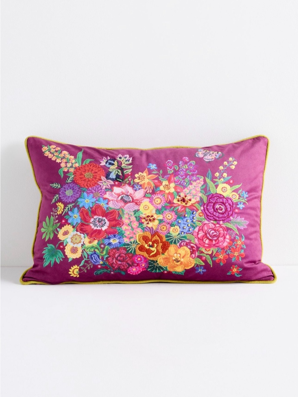 Anthropologie Fuchsia Floral Embroidered Accent Pillow